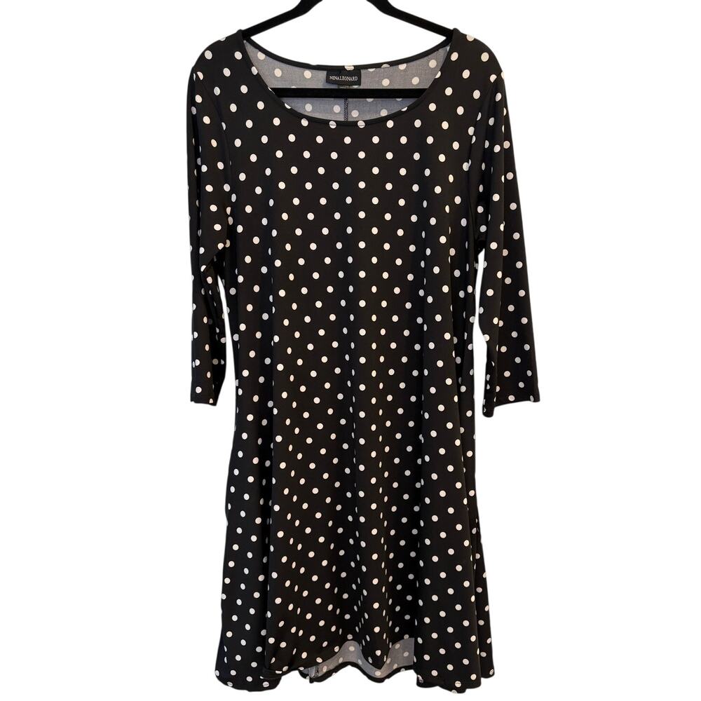Nina Leonard Polka Dot Dress 3/4 Sleeve Black White Midi Swing Mod Plus Size 1X